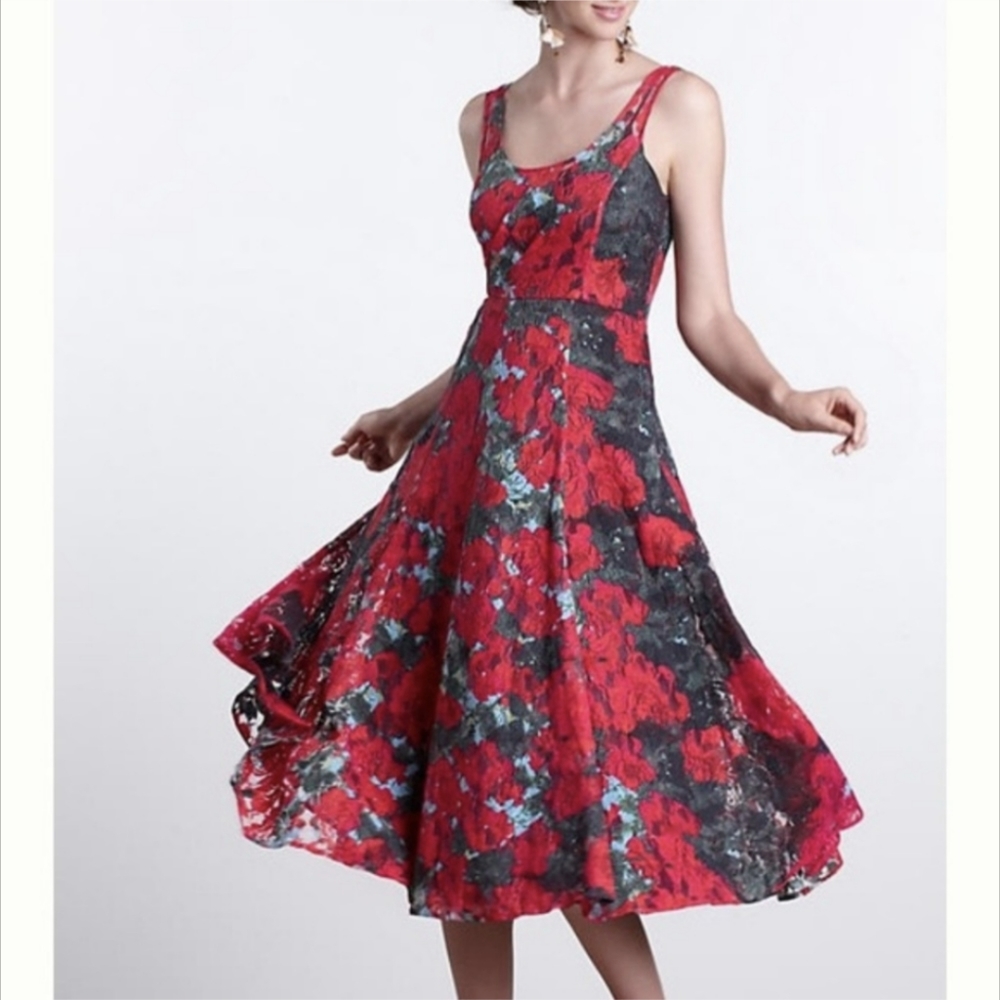 Tracy Reese Red Rose Floral Lace Tulle Cocktail Party Dress Anthropologie